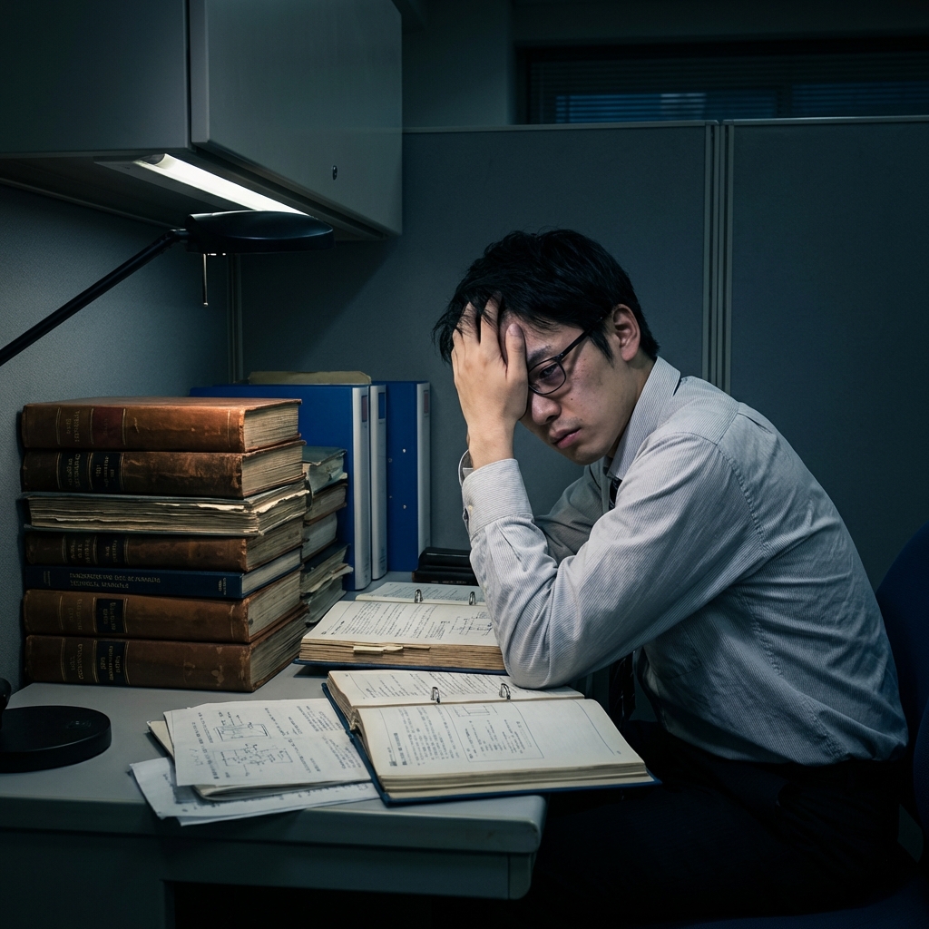 薄暗いオフィスで大量のマニュアルを前に絶望するエンジニア