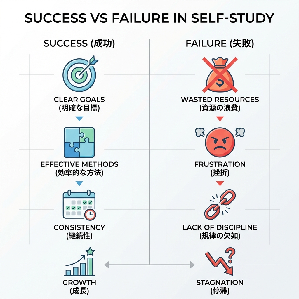 IT転職の独学における成功者と失敗者の特徴比較図