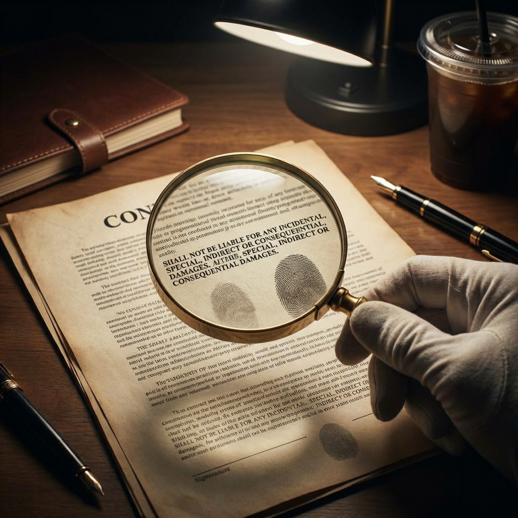 契約書の細かい文字を虫眼鏡で確認する手元