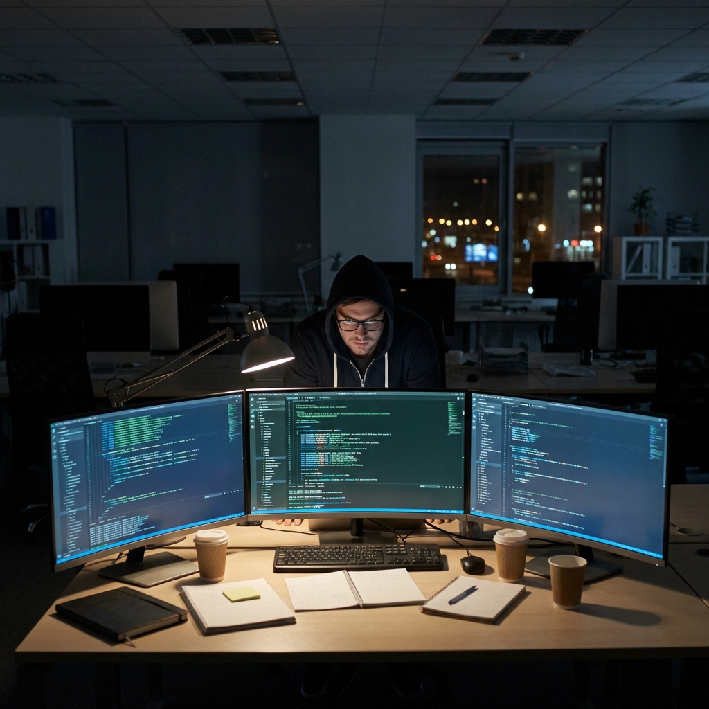深夜のオフィスでコードを書くエンジニア