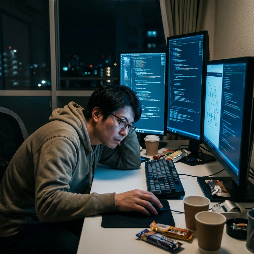 深夜のデスクで働くエンジニア