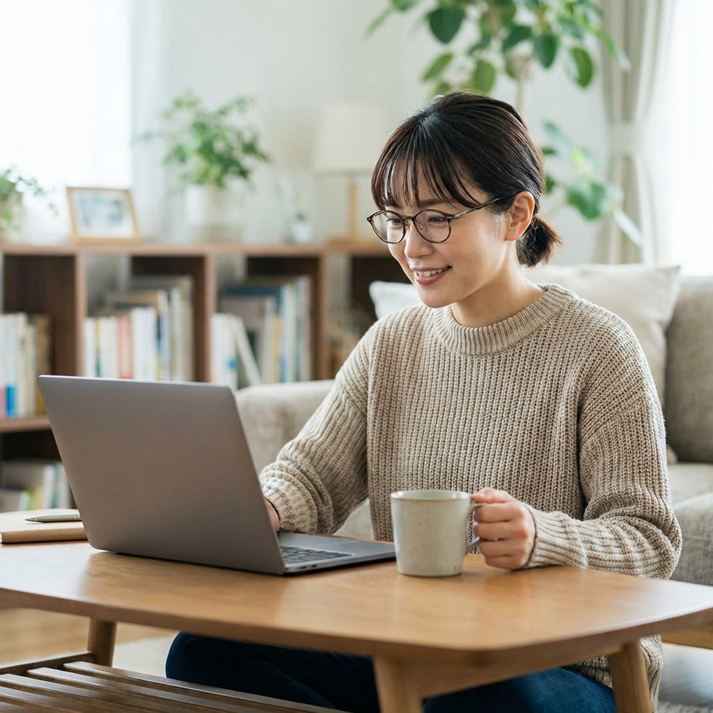 リビングでリラックスしながら仕事をする女性の様子